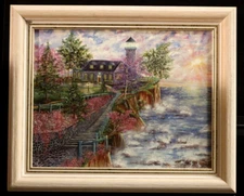 von Wening art original oil painting print  on canvas Ocean Boat Light House Pt.