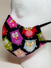 Washable reusable face mask homemade Owls on black w/pink backing with elastic