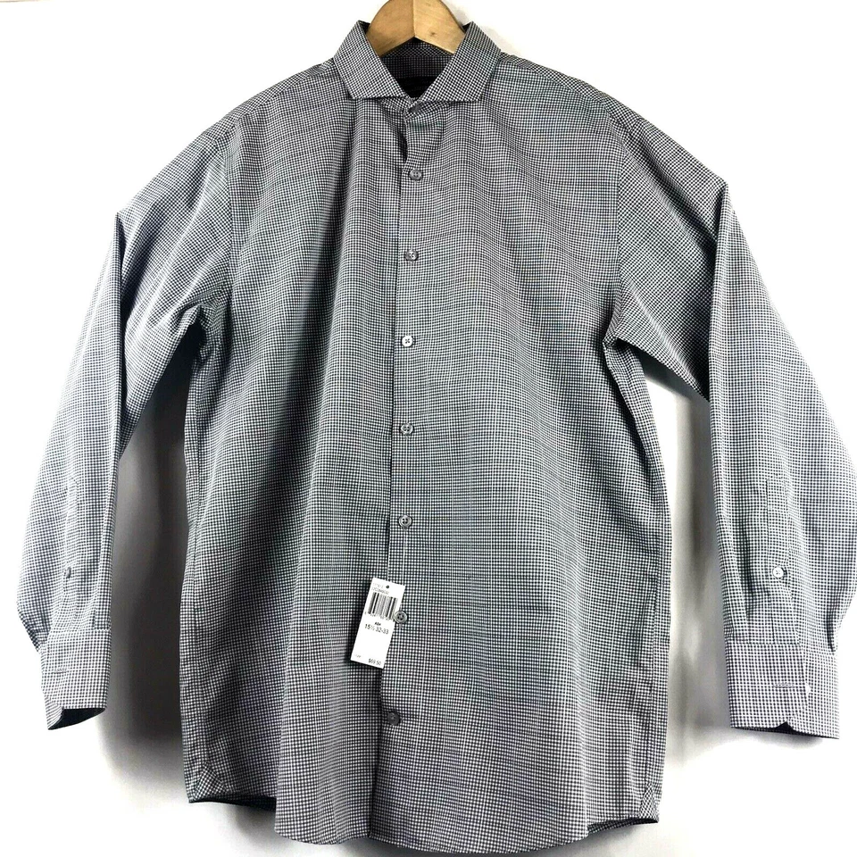 Camisa de Vestir Kenneth Cole New York Sin Plancha Ajuste Regular Gris Cuadros 15.5-32/33 NUEVA Foto 3 de 4