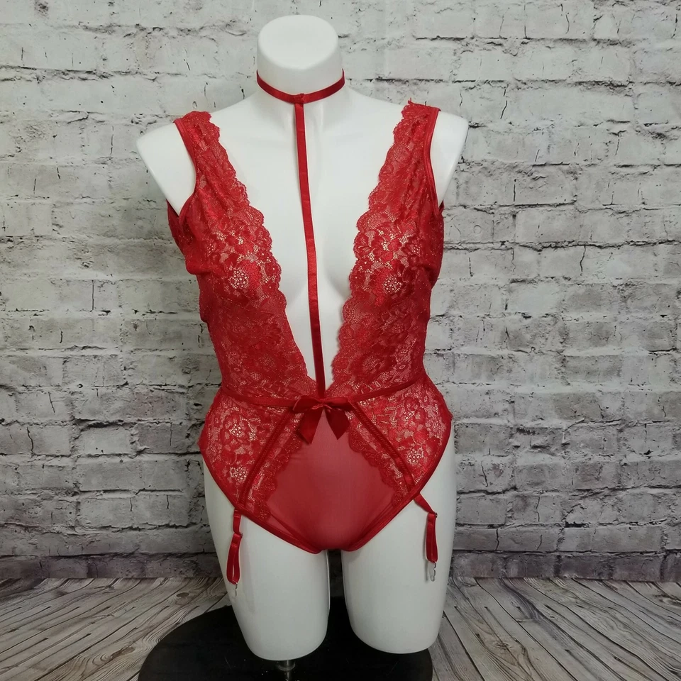 Shirley of Hollywood Peluche de Encaje Rojo XL Profundo V Liguero Body Lencería Cuello Foto 2 de 4
