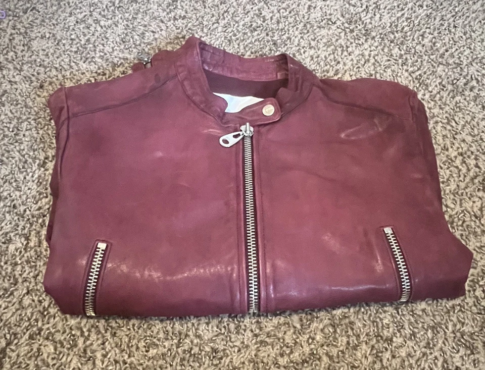 Womens Red Oxblood Doma Mock Neck Lamb Nappa Leather Jacket XL - Image 4 of 4