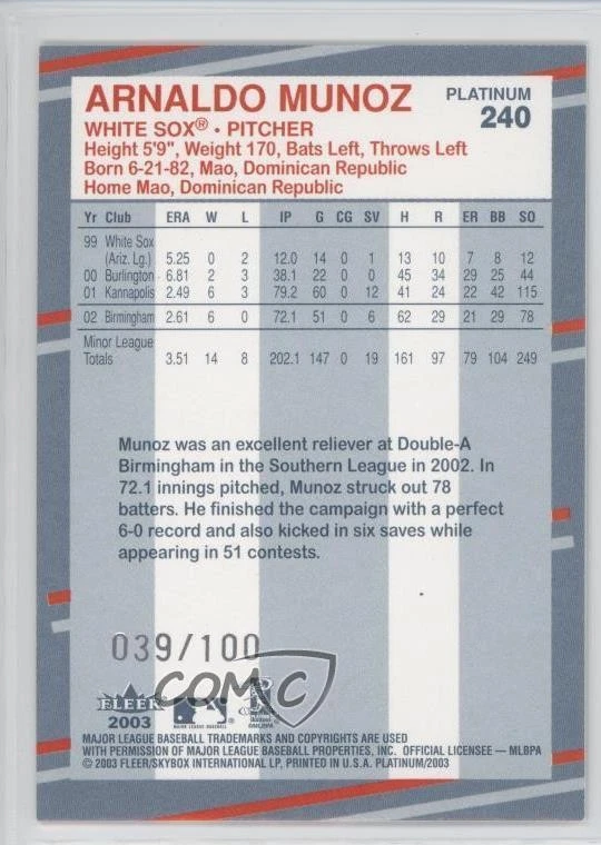 2003 Fleer Platinum Finish /100 Arnie Munoz Arnaldo Munoz #240 Rookie RC - Image 2 of 2