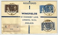 Aden Yemen Registered cover 1937 King GVI Coronation set used on cover sent to E