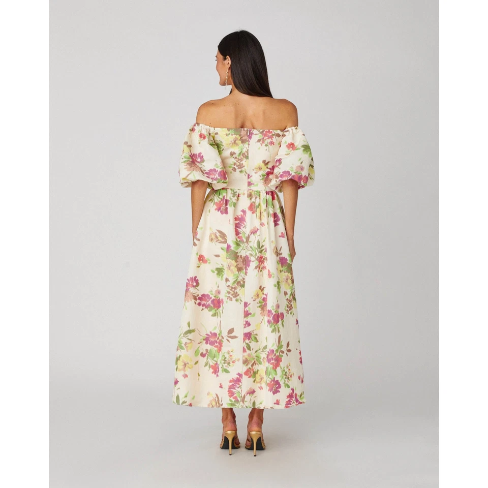 Vestido Shoshanna Midnight Zarah Floral Midi Crema Hombro Descubierto Mezcla de Lino Talla 4 Foto 2 de 4