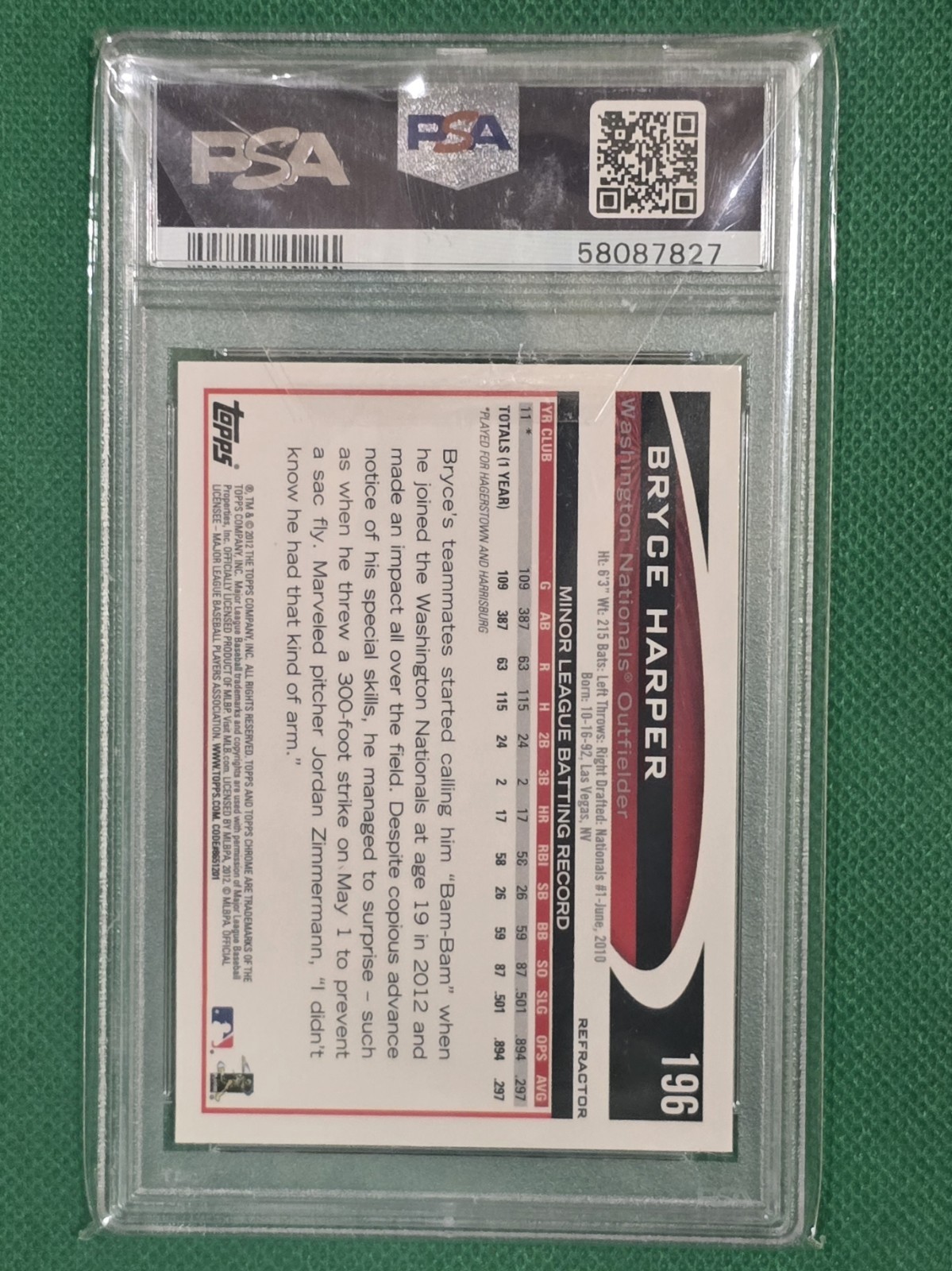 2012 Topps Chrome Bryce Harper RC Orange Refractor #196 PSA 10 Gem Mint Phillies view 2