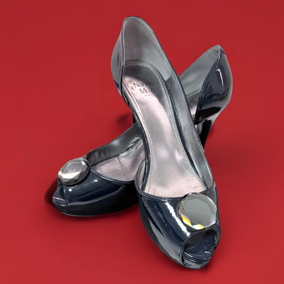 Zapatos Nando Muzi Azul Oscuro Charol Piedra Gema Tacones Punta Abierta 37.5 / 7.5 Foto 4 de 4