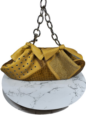 Vintage Gianni Versace Hand Bag Camel Leather Silver Studs Chain Strap Patchwork