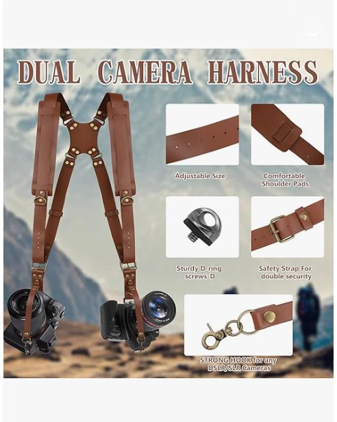 Двойной ремень ремня безопасности для двух камер, кожаный плечевой ремень DSLR/SLR - Изображение 2 из 4