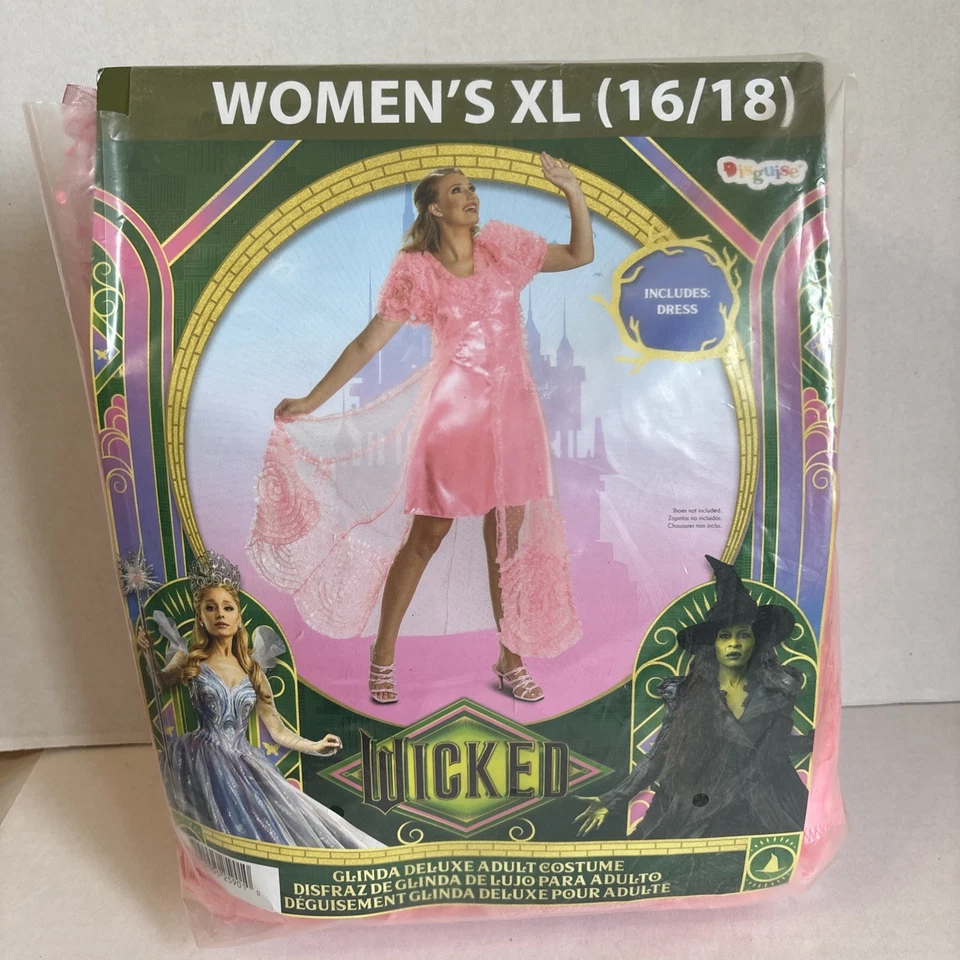 Fantasia Wicked Glinda Feminina Extra Grande 16/18 Rosa Deluxe Disfarce Mágico Oz Babado - Imagem 2 de 4