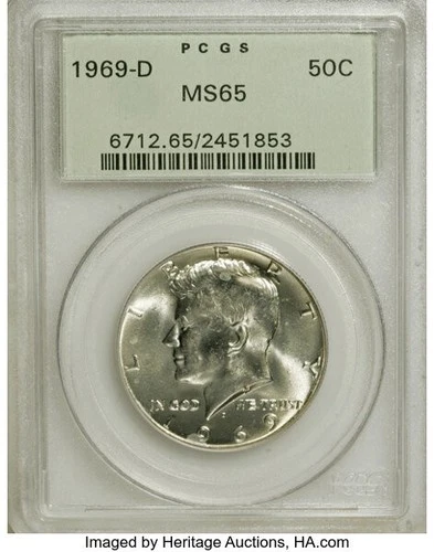 1969-D KENNEDY HALF DOLLAR - PCGS  MS65 - MINT STATE CERTIFIED GRADED COIN MS 65