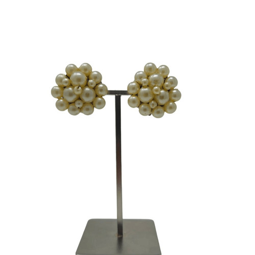 Vintage Faux Pearl Cluster Clip-On Earrings | Signed Hong Kong