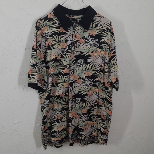 Izod Golf Polo Shirt Mens L Large Black Brown Floral Hawaiian All Over Aloha