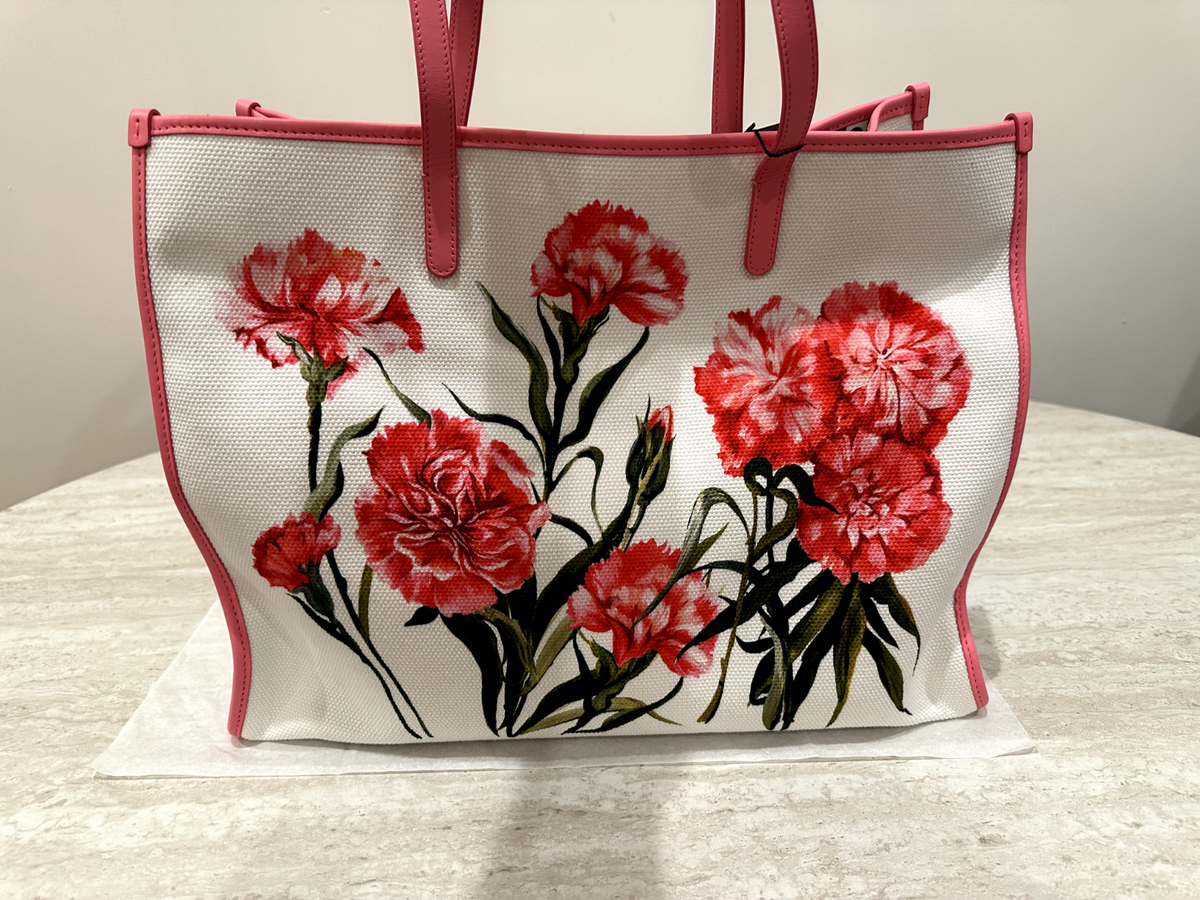 $650 NEW DOLCE GABBANA SUMMER WHITE CANVAS FLORAL TOTE PURSE