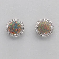 Mex. FIRE OPAL Round Stud / Post Earrings 24 CZ 925 STERLING SILVER Rhodium 685e