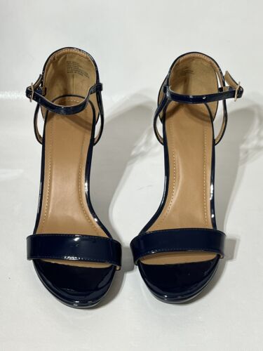 Women 9.5 M Patent Navy Blue Ankle Strap Toe Strap High Stiletto Heels - Picture 3 of 9