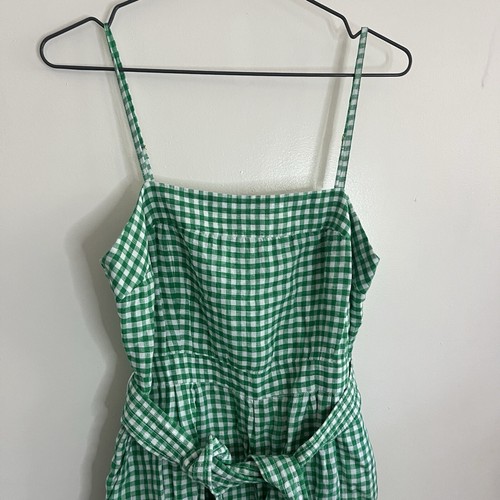 J.Crew Green 100% Linen Gingham Plaid Sleeveless Tie Waist Lightweight Jumpsuit - Picture 3 of 9