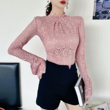 Mesh Women Lace Sheer T-shirts  Basic Tee Tops Shirts Blouse Flare Sleeve Shirt