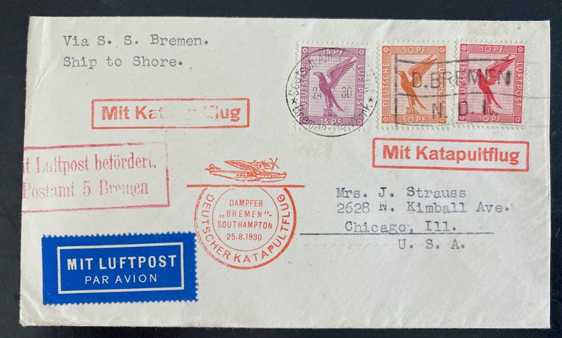 1930 Germany Catapult Ship To Shore Cover SS Bremen To Chicago iL Usa 5