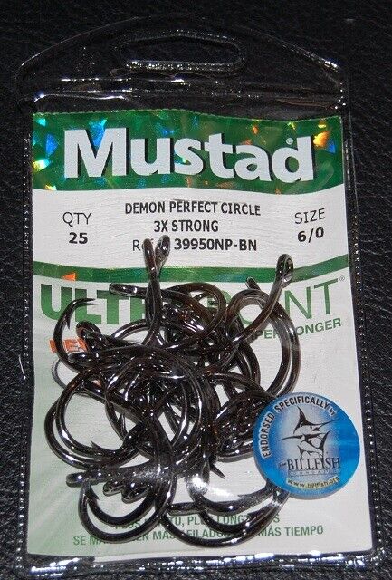 25 Mustad 39950NPBN-60 Ultra Point Size 6/0 Demon Circle Hooks 3X