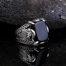 925 Sterling Silver Mens Eagle Ring Black Ony...