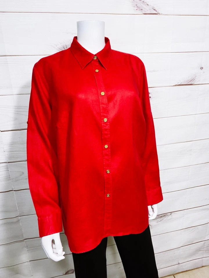 Camisa Chaps Classics para mujer talla 1X roja abotonada manga larga 100 % lino Foto 2 de 4