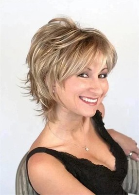 Human Hair New Fashion Women's Layered Short Brown Mix Blond Wigs 10 Inch