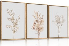 Wildflower Floral Framed Canvas Wall Art Set, Beige Botanical Wall Decor, Min...