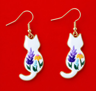Cat Emaille Ohrringe Katze gold plattiert Ohrhänger Katzen Edelstahl Hand Made
