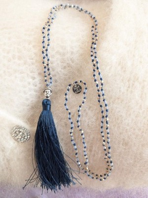 Kette Boho Edelstahl Kristallsteine Buddha Kopf 90cm lang Blau Quast Blau Bijoux