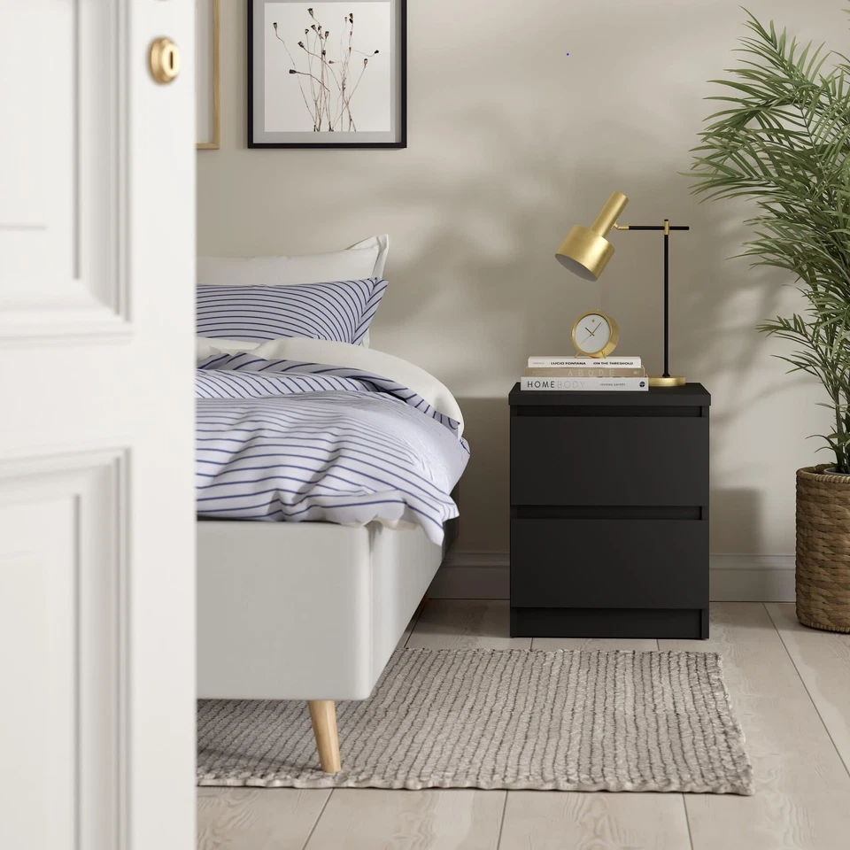 , Mesita de noche de 2 cajones para dormitorio, tiradores-cajones, contemporánea, negra Foto 4 de 4