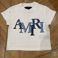 AMIRI Kids Tee Staggered Logo White Blue Size 4 Made In Italy