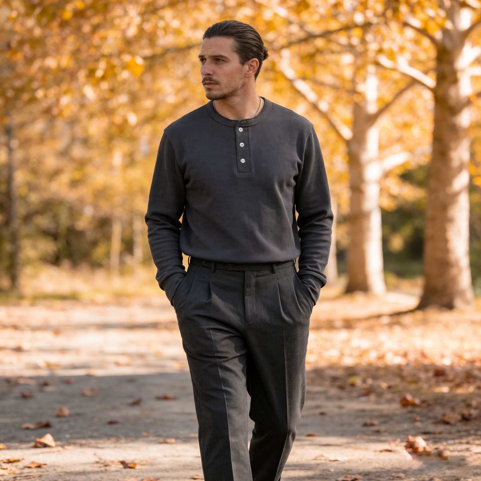 Mens Basic Style Heavyweight Solid Color Long Sleeve Henry Collar Casual T-shirt image 9