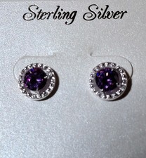 STERLING SILVER PURPLE CUBIC ZIRCONIA STUD EARRINGS NWT
