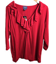 Chaps Classics Tunic Blouse Womens 2X Red Ruffle V-Neck 3/4 Sleeve Jersey
