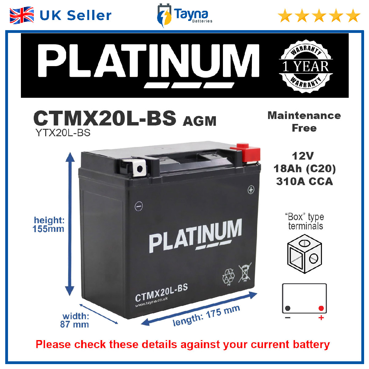 Motorcycle Battery for Yamaha Quad 400 Grizzly Big Bear Kodiak  Replaces YTX20L
