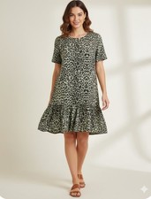 🌹Ditto Mini Leopard Dress Womens Size Small Green Short Sleeve Chic Fit🐆