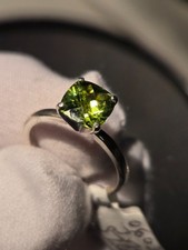 2.94CT CUSHION CHECKERBOARD CUT NATURAL GREEN PERIDOT STERLING SILVER RING