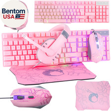 Pink Gaming Keyboard and Mouse Headset Headphones and Mouse Pad, Wired LED RGB B
