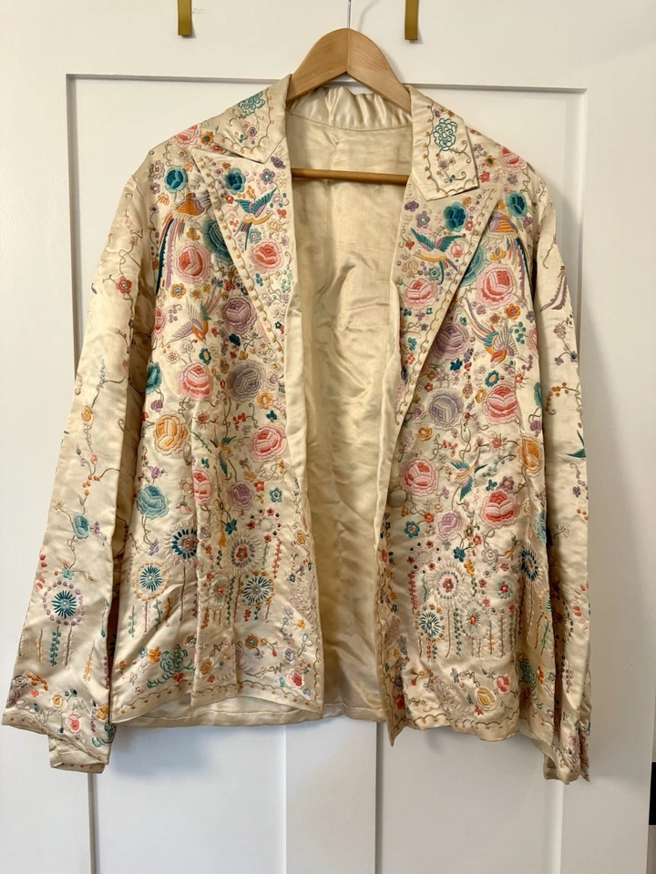 Винтажная антикварная китайская шелковая кремовая вышитая куртка отличное состояние товара - Изображение 2 из 4
