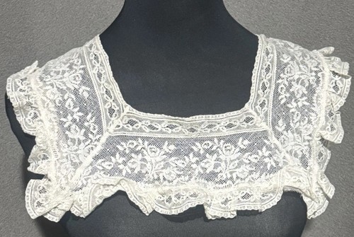 19th C Belgian Point De Gaze Lace Collar Intricate Needlepoint Floral Fine Mesh