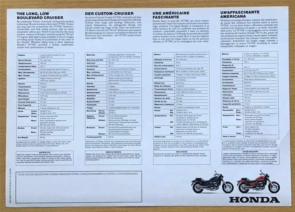 HONDA VF750C Motorcycle Sales Specification Leaflet JAN 1993 #HMI-BR619/IK/193 - Image 2 of 2