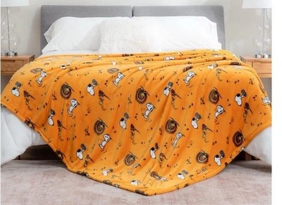 Full Size 90x90 Woodstock and Snoopy Fall Birds and Leafs Orange Throw Blanket