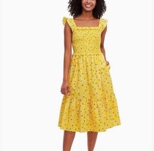 Kate Spade Womens Small Cotton Yellow Fleurette Smocked Floral Dress SzS