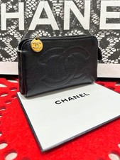 CHANEL CC Pochette Cosmetic Pouch Caviarskin Leather Matelasse Black JAPAN 196
