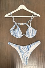 Women's Blue  White Wave Print Bikini   Underwire Top- Size L