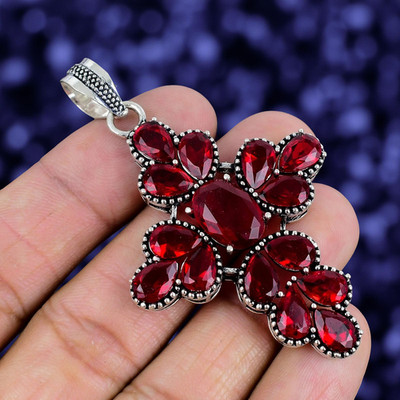 Mozambique Garnet Gemstone Handmade 925 Sterling Silver Jewelry Pendant 2.30''