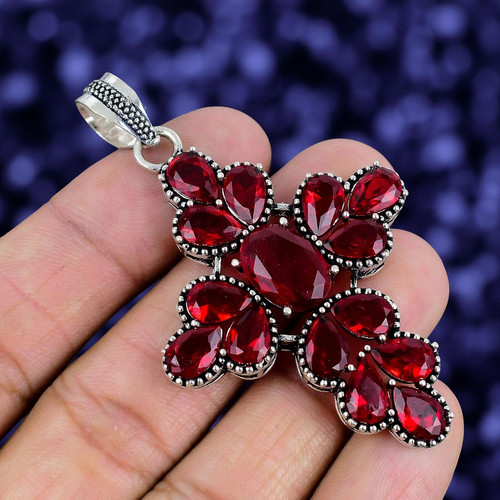 Mozambique Garnet Gemstone Handmade 925 Sterling Silver Jewelry Pendant 2.30"