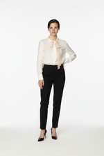 Chanel Vintage Ivory Linen Cream Silk Accent Dress Shirt Blouse M