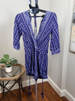 Boho Blue Paisley Romper / Playsuit Women s V-Neck Tie Front 3/4 Sleeve Size S