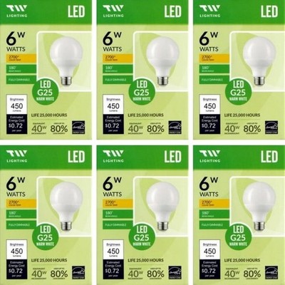 6 Pack - TW Lighting 6W LED Globe G25 Light Bulb Fully Dimmable Warm White